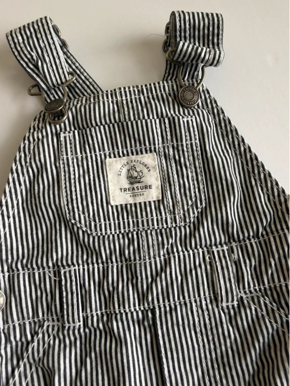 Black White Railroad Stripe Treasure Hunter Overalls 6M
